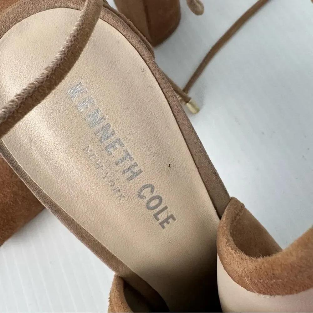 Kenneth Cole New York Delila lace up block heeled peep toe suede tan size 7.5